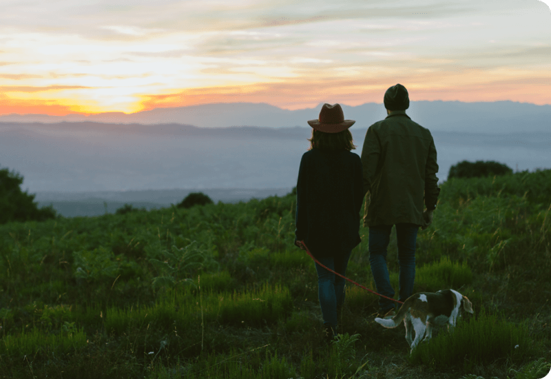 Couple walking with dog at sunset in Sweetwater community Austin, TX